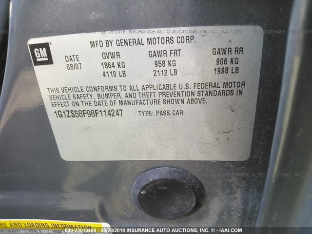 1G1ZS58F98F114247 - 2008 CHEVROLET MALIBU LS ნაცრისფერი ფოტო 9