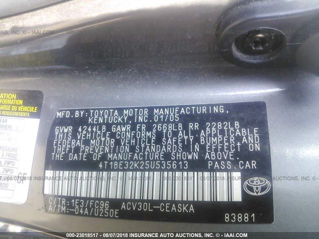 4T1BE32K25U535613 - 2005 TOYOTA CAMRY LE/XLE/SE Boz foto 9