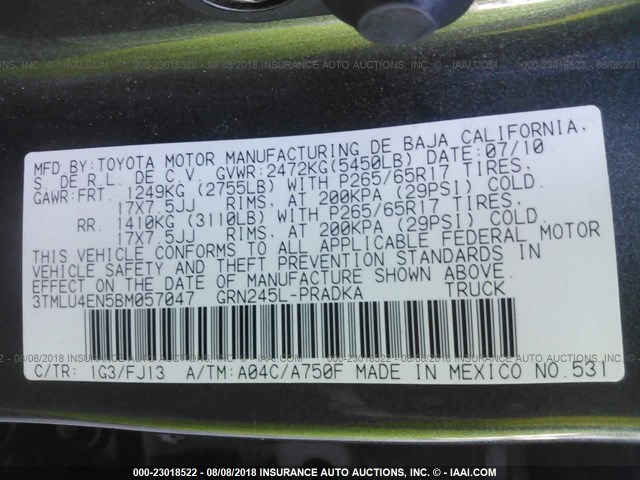 3TMLU4EN5BM057047 - 2011 TOYOTA TACOMA DOUBLE CAB ნაცრისფერი ფოტო 9