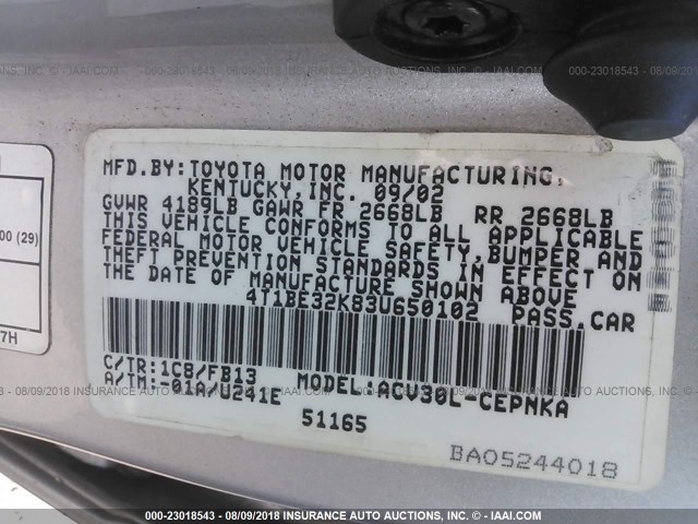 4T1BE32K83U650102 - 2003 TOYOTA CAMRY LE/XLE/SE SILVER photo 9