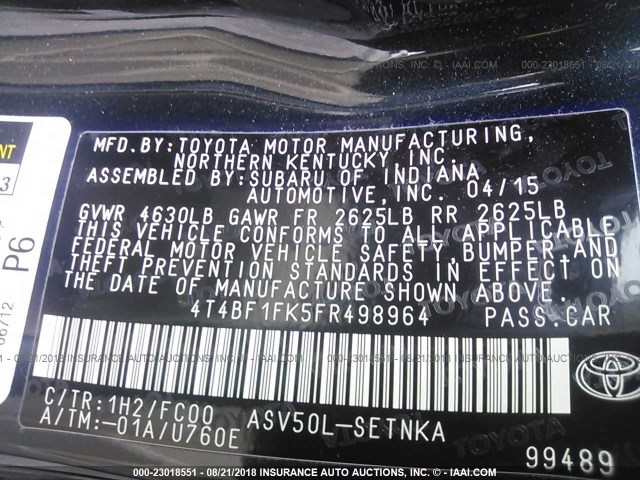 4T4BF1FK5FR498964 - 2015 TOYOTA CAMRY LE/XLE/SE/XSE BLUE photo 9