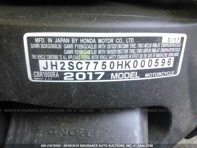 JH2SC7750HK000596 - 2017 HONDA CBR1000 RA BLACK photo 10