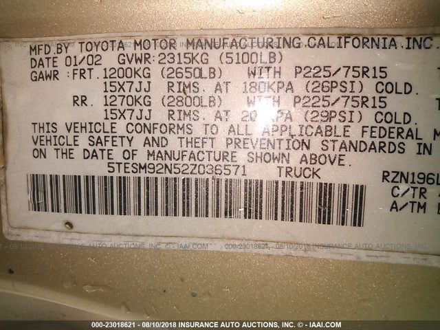 5TESM92N52Z036571 - 2002 TOYOTA TACOMA XTRACAB PRERUNNER ოქროსფერი ფოტო 9