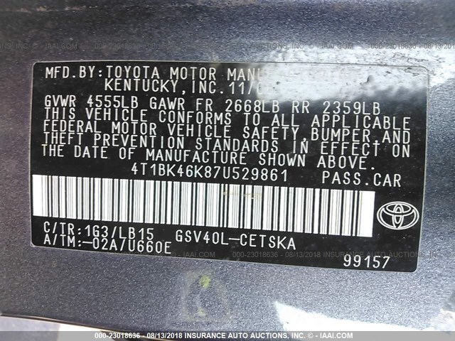 4T1BK46K87U529861 - 2007 TOYOTA CAMRY NEW GENERAT LE/XLE/SE GRAY photo 9