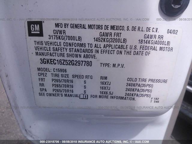 3GKEC16Z52G297780 - 2002 GMC YUKON XL C1500 WHITE photo 9