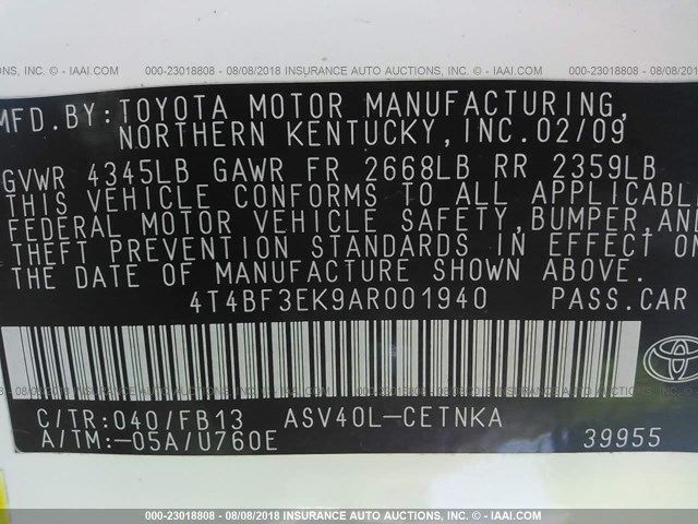 4T4BF3EK9AR001940 - 2010 TOYOTA CAMRY SE/LE/XLE თეთრი ფოტო 9