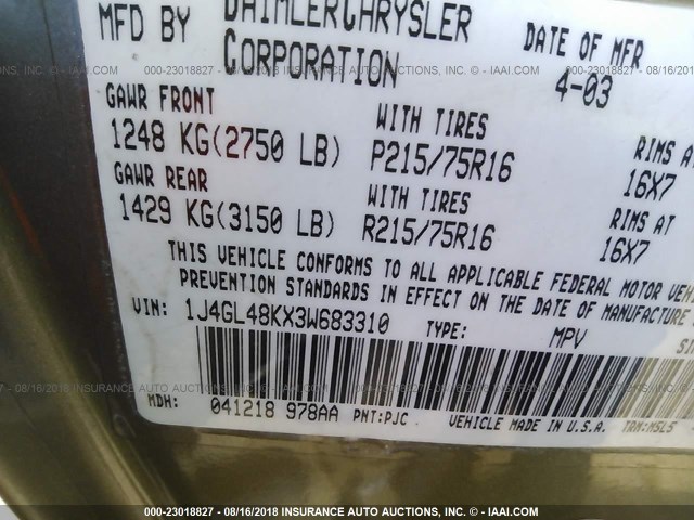 1J4GL48KX3W683310 - 2003 JEEP LIBERTY SPORT/FREEDOM შამპანური ფოტო 9