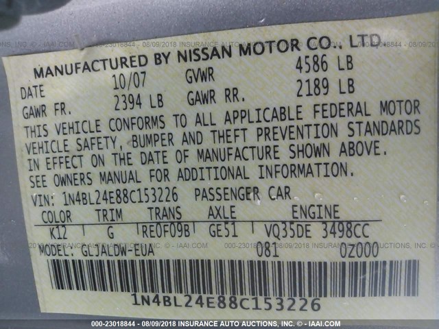 1N4BL24E88C153226 - 2008 NISSAN ALTIMA 3.5SE SILVER photo 9