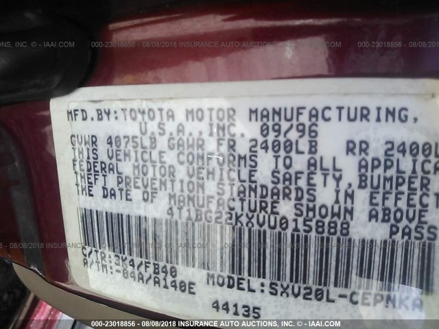 4T1BG22KXVU015888 - 1997 TOYOTA CAMRY CE/LE/XLE 勃艮第红 照片 9