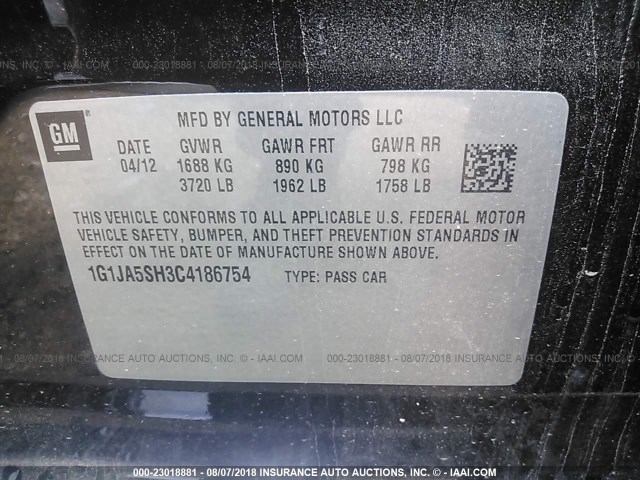 1G1JA5SH3C4186754 - 2012 CHEVROLET SONIC LS BLACK photo 9