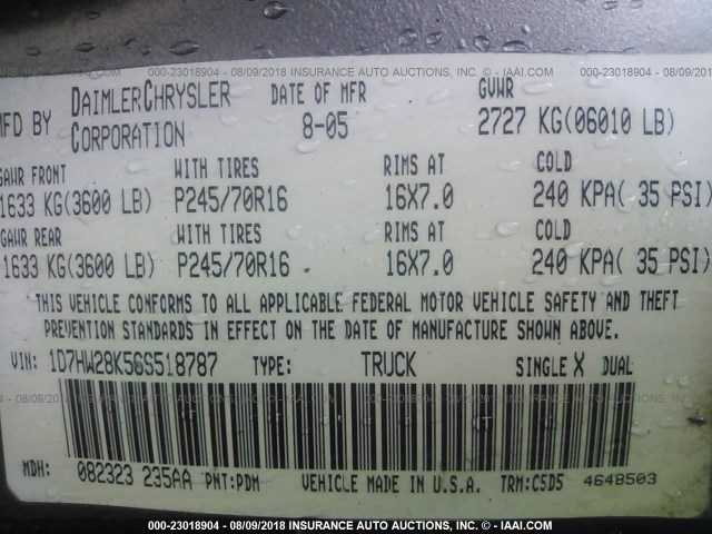 1D7HW28K56S518787 - 2006 DODGE DAKOTA QUAD/ST GRAY photo 9