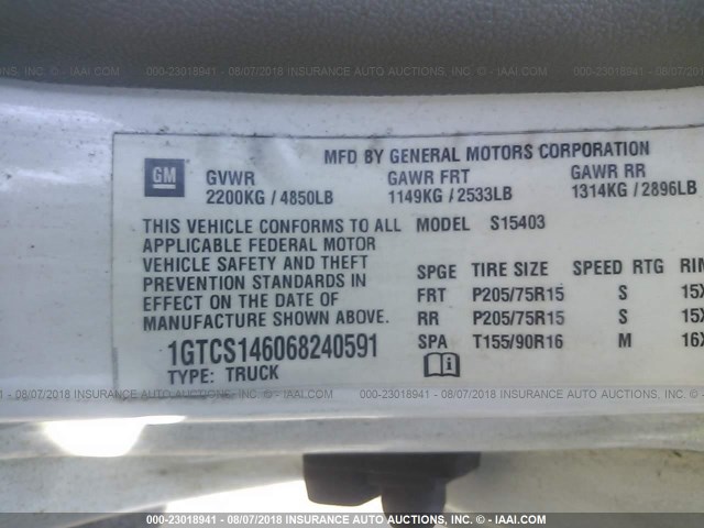 1GTCS146068240591 - 2006 GMC CANYON WHITE photo 9