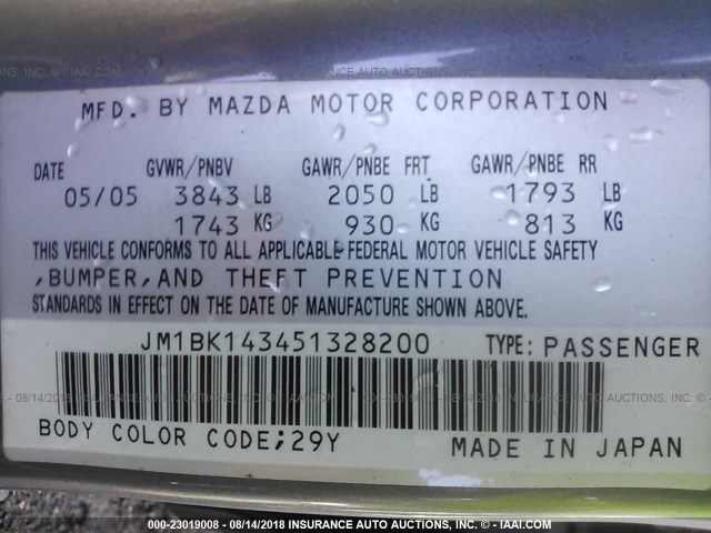 JM1BK143451328200 - 2005 MAZDA 3 HATCHBACK GRAY photo 9