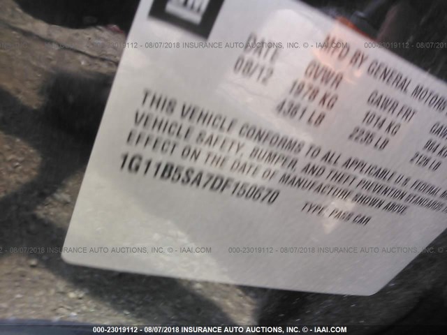 1G11B5SA7DF150670 - 2013 CHEVROLET MALIBU LS შავი ფოტო 9