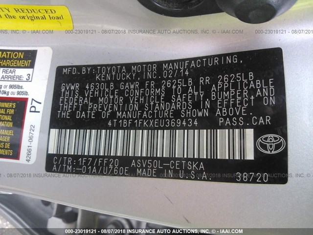 4T1BF1FKXEU369434 - 2014 TOYOTA CAMRY L/SE/LE/XLE 银色 照片 9