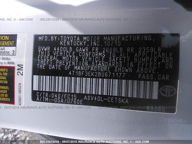 4T1BF3EK2BU671177 - 2011 TOYOTA CAMRY SE/LE/XLE თეთრი ფოტო 9