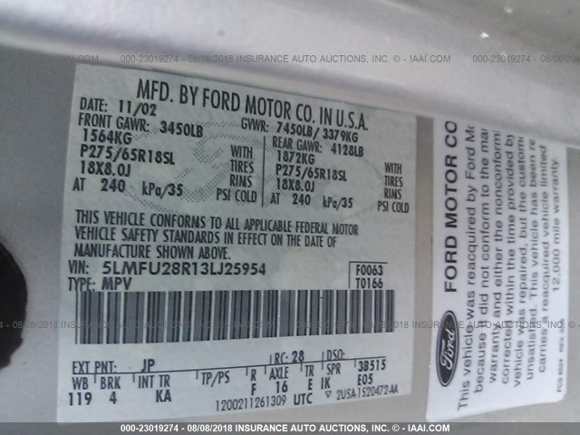 5LMFU28R13LJ25954 - 2003 LINCOLN NAVIGATOR ვერცხლისფერი ფოტო 9