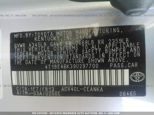 4T1BE46K39U297700 - 2009 TOYOTA CAMRY SE/LE/XLE ვერცხლისფერი ფოტო 9