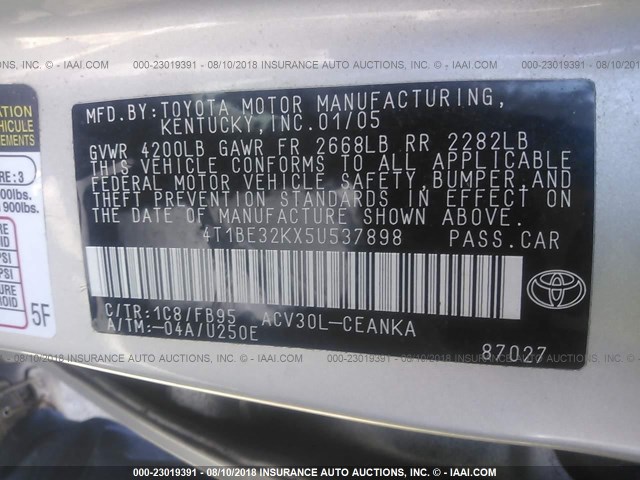 4T1BE32KX5U537898 - 2005 TOYOTA CAMRY LE/XLE/SE Gümüş foto 9