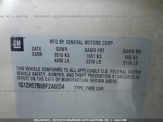 1G1ZH57B08F246634 - 2008 CHEVROLET MALIBU 1LT ოქროსფერი ფოტო 9