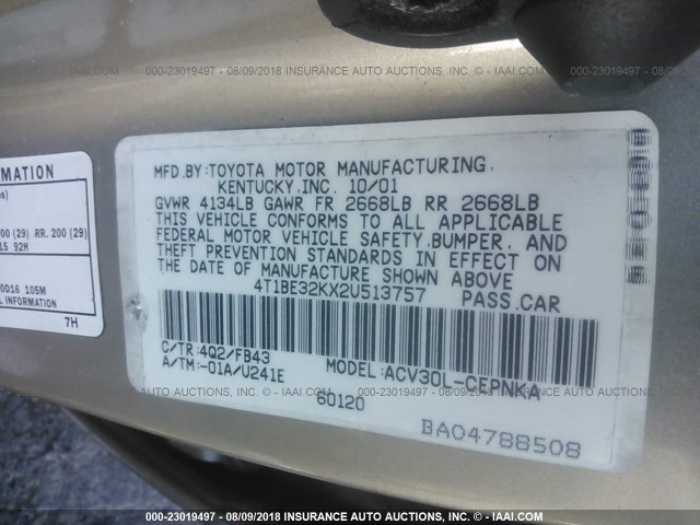 4T1BE32KX2U513757 - 2002 TOYOTA CAMRY LE/XLE/SE Qızıl foto 9