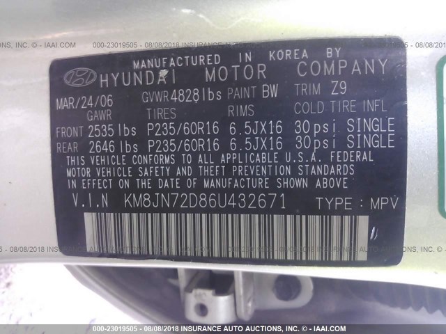 KM8JN72D86U432671 - 2006 HYUNDAI TUCSON GLS/LIMITED GOLD photo 9