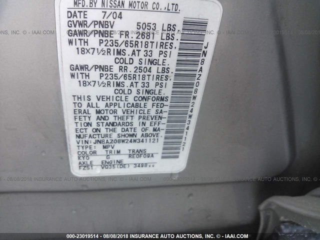 JN8AZ08W24W341121 - 2004 NISSAN MURANO SL/SE GRAY photo 9