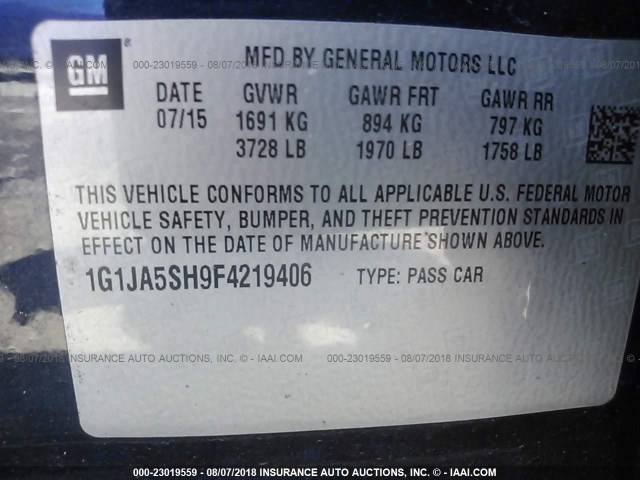 1G1JA5SH9F4219406 - 2015 CHEVROLET SONIC LS 蓝色 照片 9