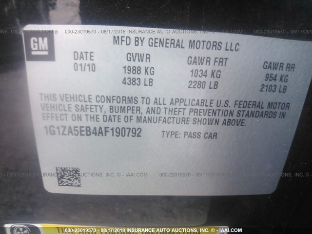 1G1ZA5EB4AF190792 - 2010 CHEVROLET MALIBU LS შავი ფოტო 9