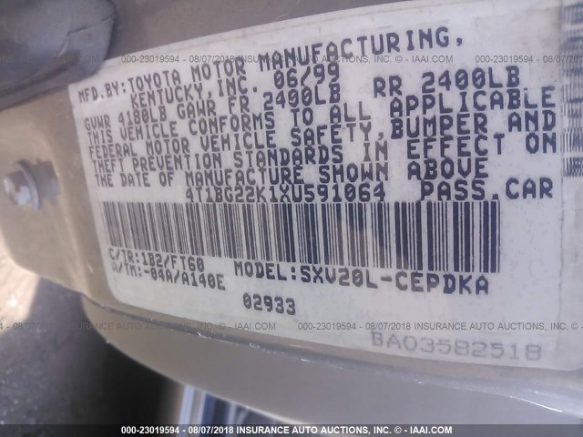 4T1BG22K1XU591064 - 1999 TOYOTA CAMRY CE/LE/XLE GOLD photo 9