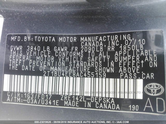 2T1BU4EE8AC455159 - 2010 TOYOTA COROLLA S/LE/XLE GRAY photo 9