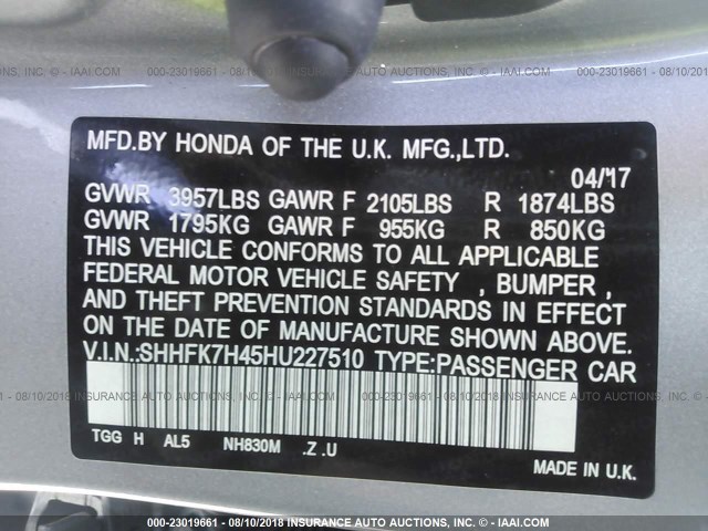 SHHFK7H45HU227510 - 2017 HONDA CIVIC SPORT Grau Foto 9