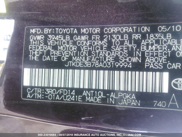 JTKDE3B78A0319994 - 2010 TOYOTA SCION TC 紫色 照片 9