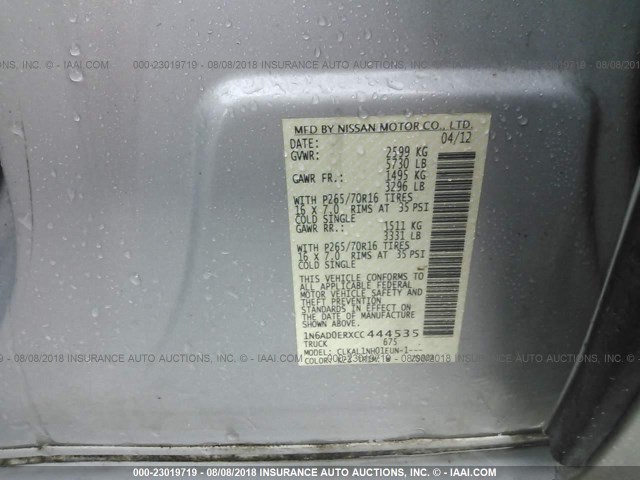 1N6AD0ERXCC444535 - 2012 NISSAN FRONTIER S/SV/SL/PRO-4X SILVER photo 9