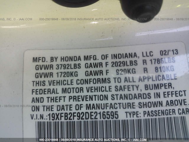 19XFB2F92DE216595 - 2013 HONDA CIVIC EXL 白色 照片 9