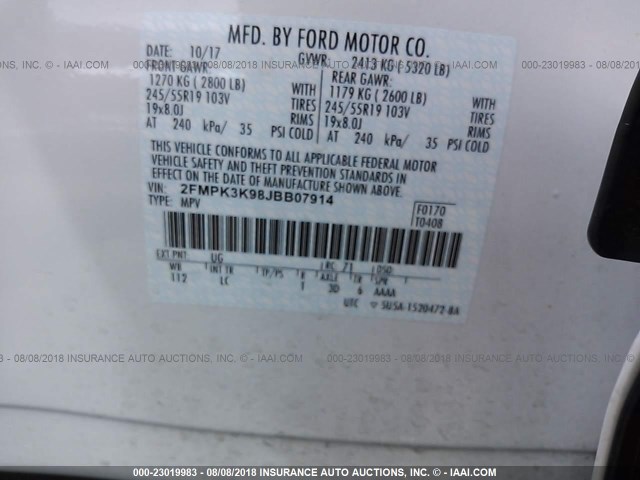 2FMPK3K98JBB07914 - 2018 FORD EDGE TITANIUM WHITE photo 9