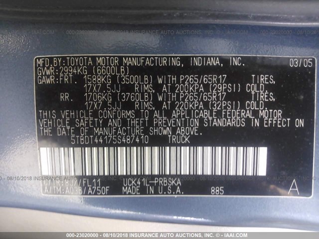 5TBDT44175S487410 - 2005 TOYOTA TUNDRA DOUBLE CAB SR5 BLUE photo 9