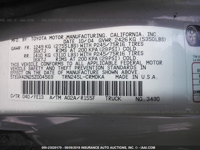 5TEUX42N25Z004569 - 2005 TOYOTA TACOMA ACCESS CAB Weiß Foto 9