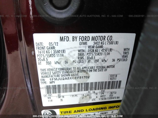 1FMJU2A5XCEF51702 - 2012 FORD EXPEDITION LIMITED BURGUNDY photo 9