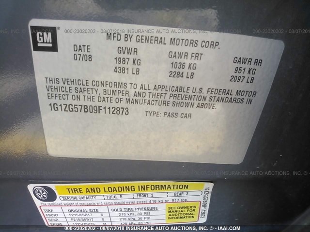 1G1ZG57B09F112873 - 2009 CHEVROLET MALIBU LS ნაცრისფერი ფოტო 9