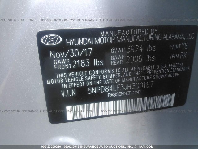 5NPD84LF3JH300167 - 2018 HYUNDAI ELANTRA SEL/VALUE/LIMITED SILVER photo 9