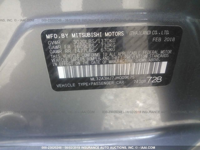 ML32A3HJ7JH009675 - 2018 MITSUBISHI MIRAGE ES SILVER photo 9