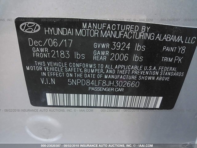 5NPD84LF8JH302660 - 2018 HYUNDAI ELANTRA SEL/VALUE/LIMITED SILVER photo 9