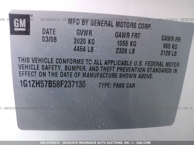 1G1ZH57B58F237136 - 2008 CHEVROLET MALIBU 1LT 白色 照片 9