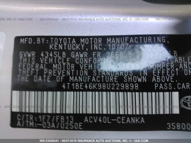 4T1BE46K98U229898 - 2008 TOYOTA CAMRY CE/LE/XLE/SE SILVER photo 9