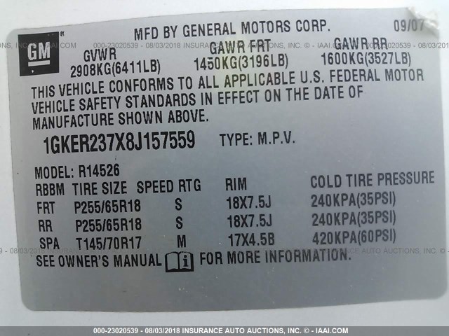 1GKER237X8J157559 - 2008 GMC ACADIA SLT-1 Weiß Foto 9