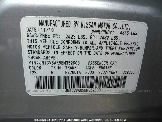 JN1CV6AR5BM352603 - 2011 INFINITI G37 SILVER photo 9