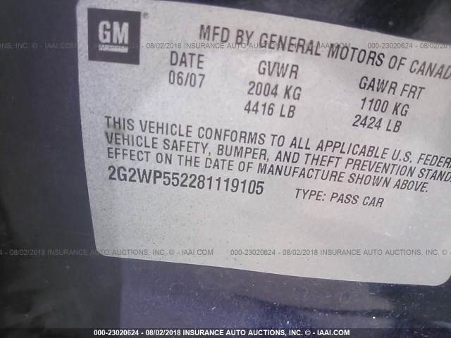 2G2WP552281119105 - 2008 PONTIAC GRAND PRIX BLUE photo 9