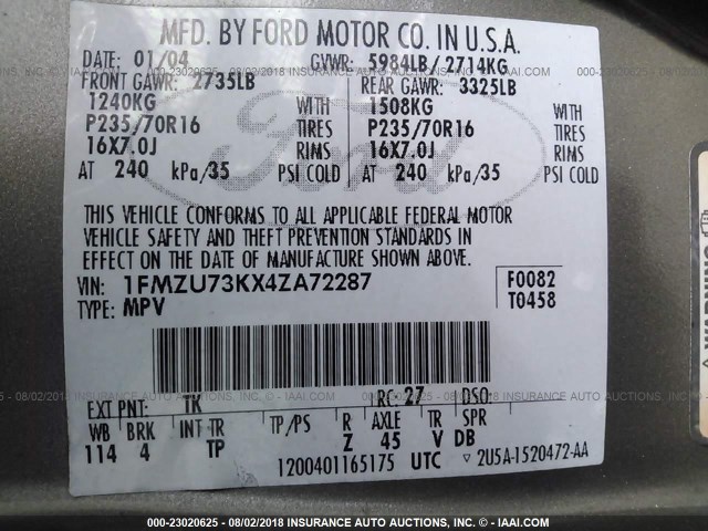 1FMZU73KX4ZA72287 - 2004 FORD EXPLORER XLT/XLT SPORT/NBX 灰色 照片 9