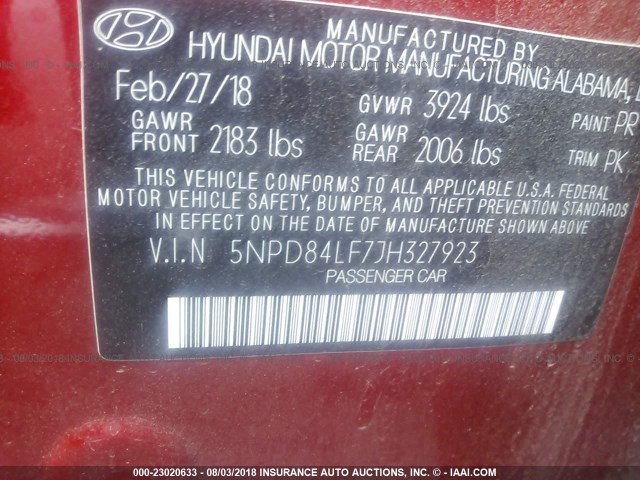 5NPD84LF7JH327923 - 2018 HYUNDAI ELANTRA SEL/VALUE/LIMITED RED photo 9